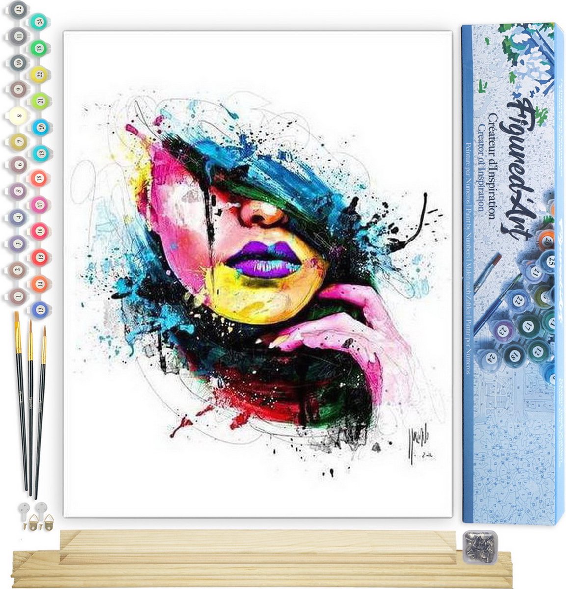 FiguredArt Schilderen op Nummer Volwassenen canvas Gezicht van de vrouw - Handwerk acrylverf Kit DIY Compleet - 40x50cm met DIY houten lijst